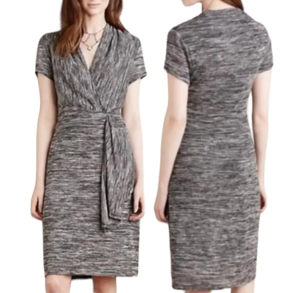 Anthropologie Maeve Faux Wrap Sweater Dress Knit V Neck Knee Length Gray Size XS